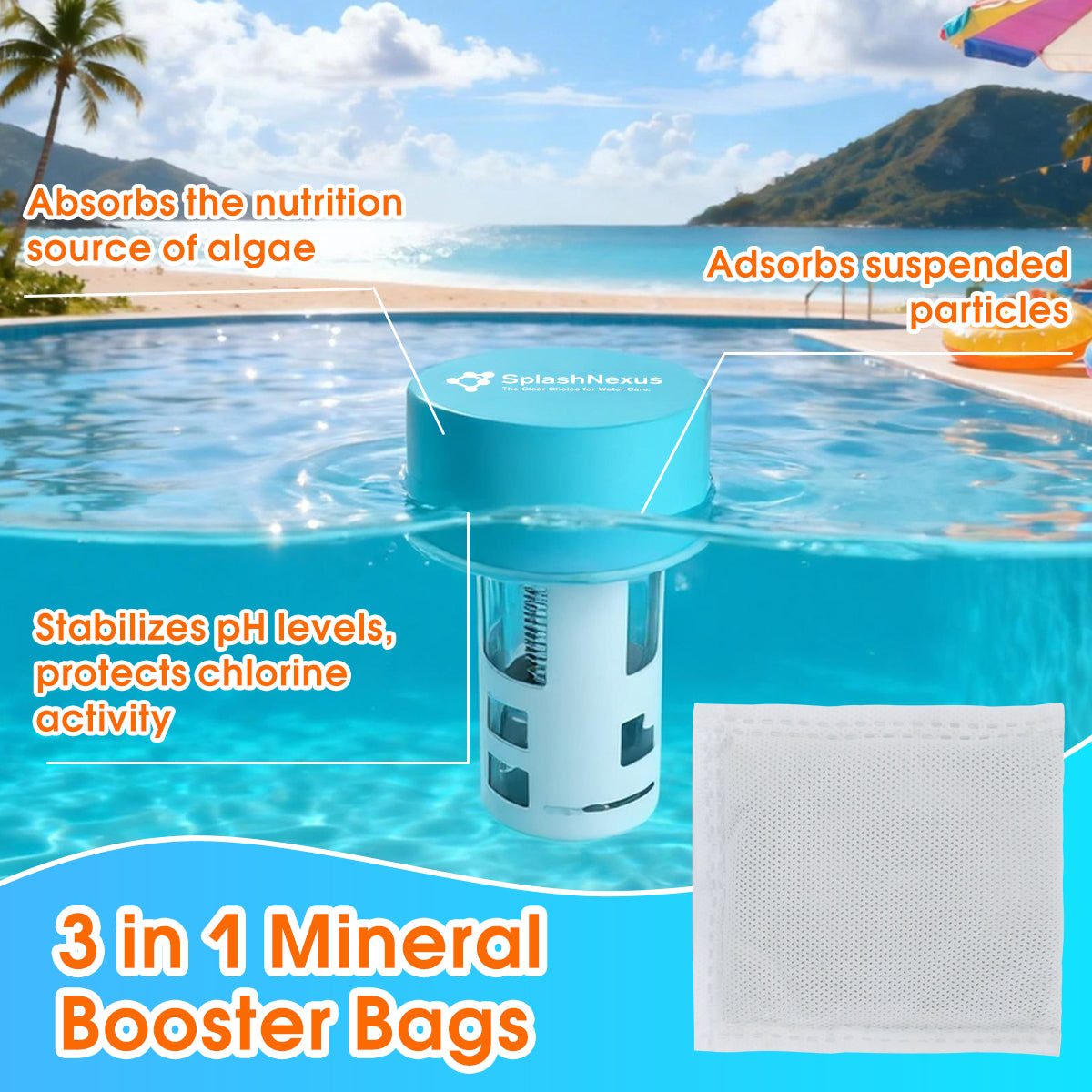 SplashNexus Mineral Booster Bags Refill for FloatDose 6 Pool Floating System - Reduces Chlorine Usage, No Heavy Metal, Natural Minerals, Treats 5,000 Gallons of Water (60g x 12 Bags)